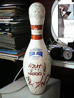 This is the old bowling pin souvenir from the bowling centre in Chamonix, France